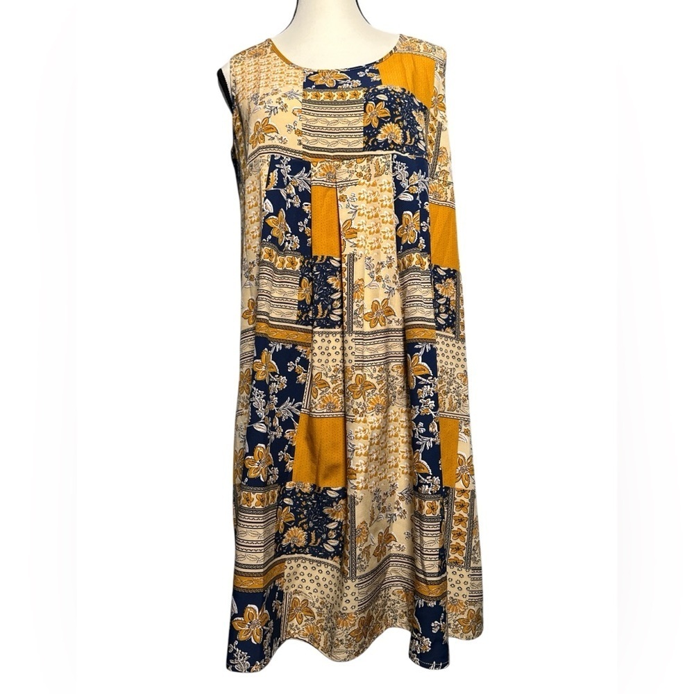 Emery Rose Patchwork Printed Sleeveless Dress - Yellow and Blue